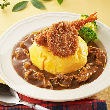 海老フライとひれカツのオムカレー